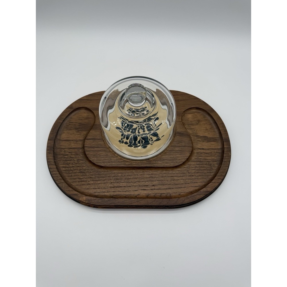 Vintage American Oak & Ceramic Cheese & CrackerServing Board With Glass Dome